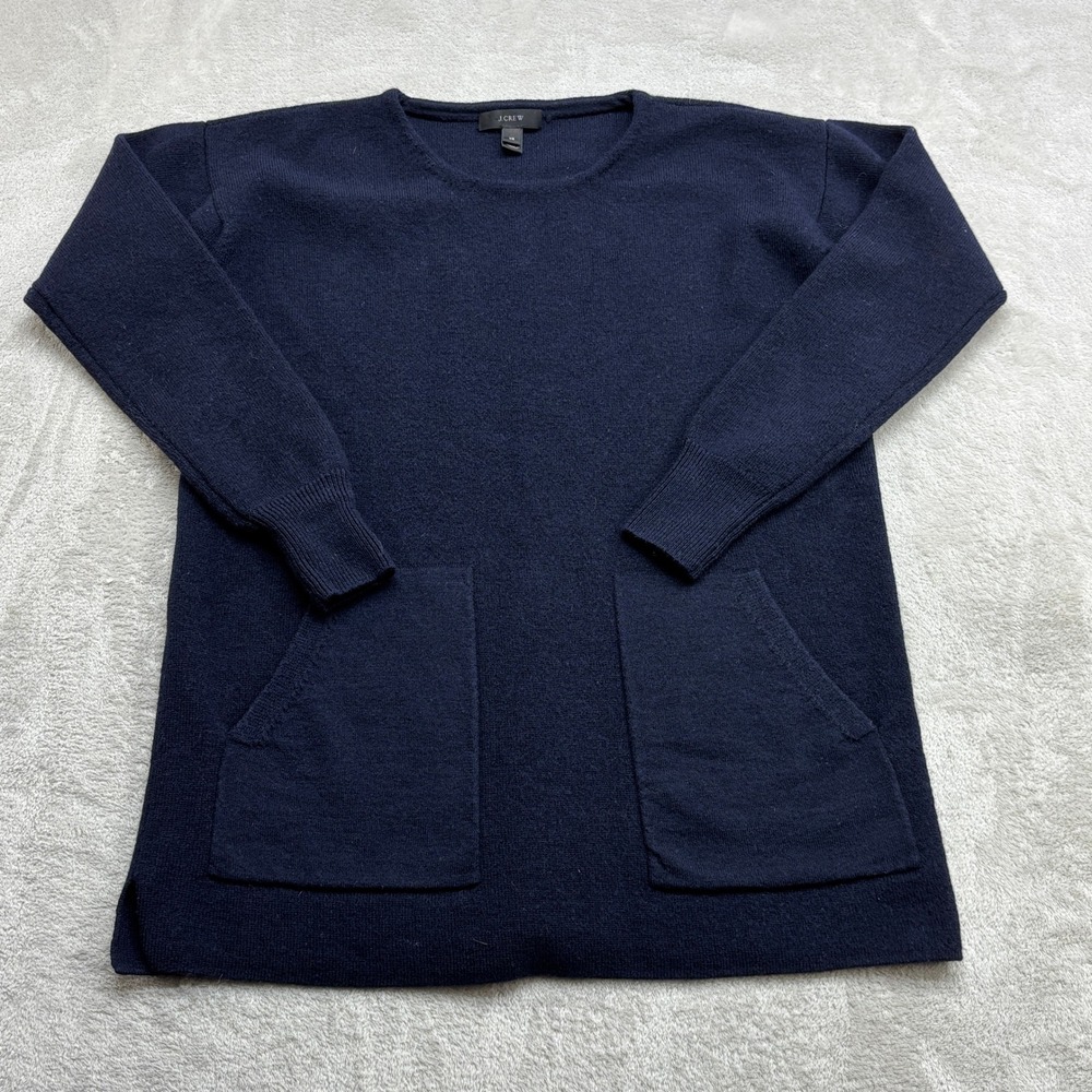 J.Crew Sweater Women XS Navy Front Pockets Side Slit Crew Neck Knit Quiet Luxury